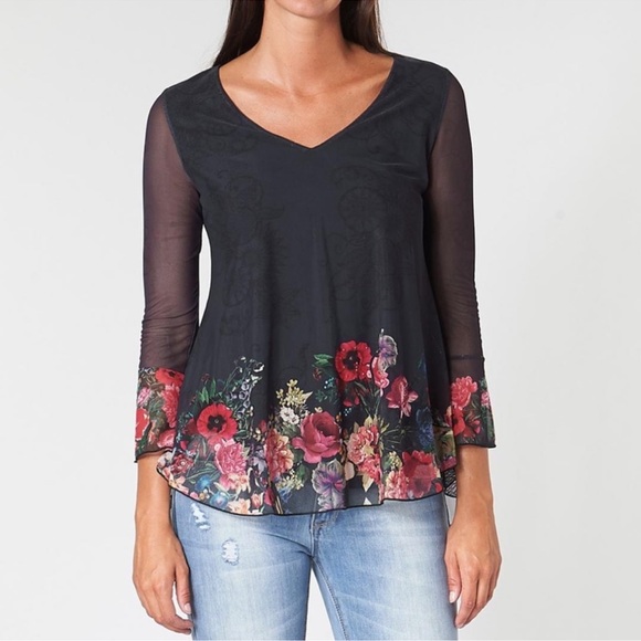 Desigual Tops - Desigual O’Hara Sheer Sleeve Floral and Rhinestone Hem Lined Flowy Blouse